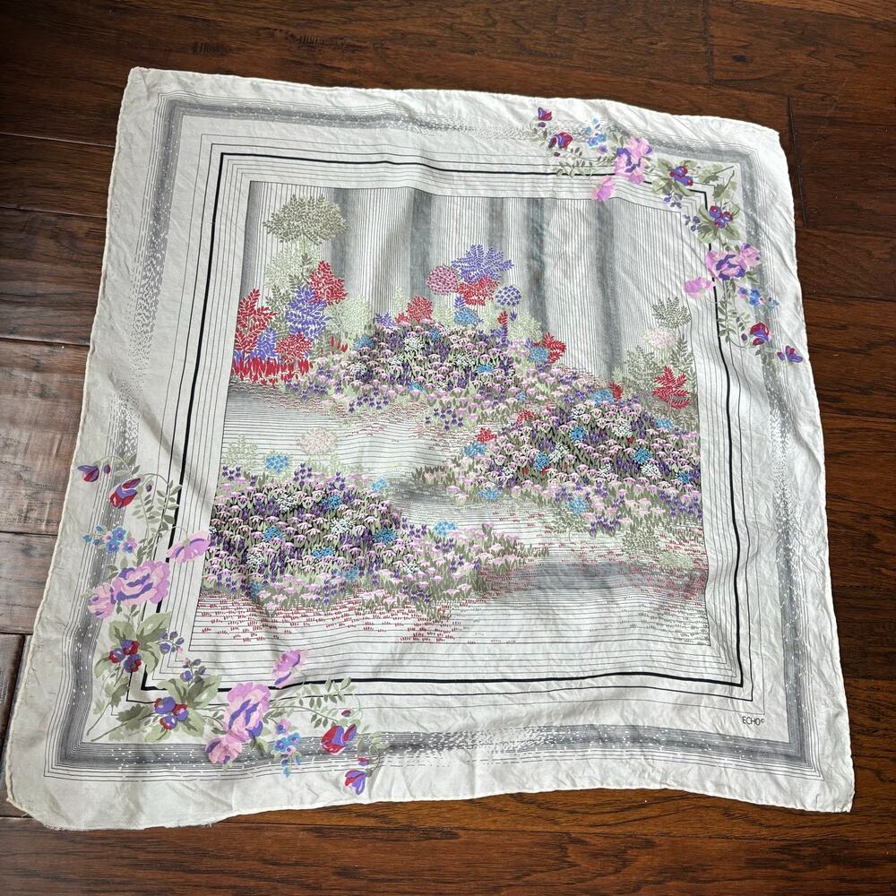 Vintage ECHO Silk Scarf Floral Garden Landscape Square White Pink Hand Rolled